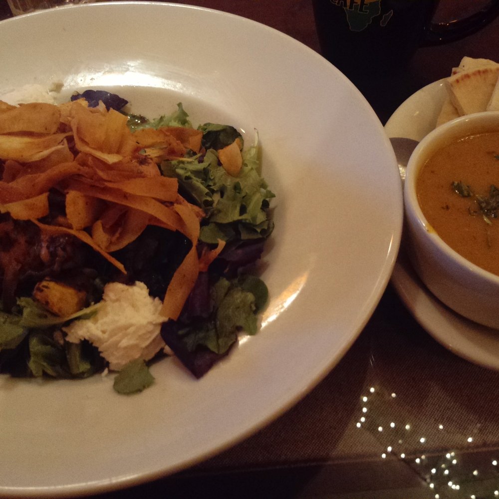 Jambo Cafe - Jerk chicken salad with roasted vegetables, goat cheese, and crispy cassava chips. Fennel butternut squash soup. - Caribbean Near Me - Santa Fe, New Mexico Jambo Cafe - Jerk chicken salad with roasted vegetables, goat cheese, and crispy cassava chips. Fennel butternut squash soup. - Caribbean Near Me - Santa Fe, New Mexico