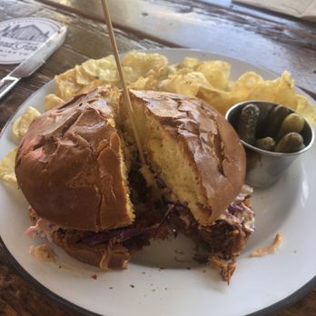 Pond Farm Brewing - Pulled pork sammy with gherkins and crisps - Brewpubs Near Me - San Rafael, California