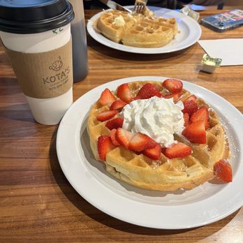 Kota's Coffee House - Waffles with strawberries, whipped cream and powdered sugar - Coffee & Tea Near Me - Munds Park, Arizona