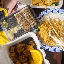 Asian Bistro Sushi and Chinese Cuisine - Orange tofu, veggie lo mein, vegetable tempura sushi