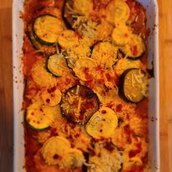 The Fruit and Veg Box - Eggplant zucchini squash with vegan mozzarella and garlic tomato sauce made from a fruit and veg box.