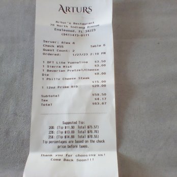 Artur’s - Receipt of meal.
Very disappointing! - Seafood Near Me - Englewood, Florida Artur’s - Receipt of meal.
Very disappointing! - Seafood Near Me - Englewood, Florida