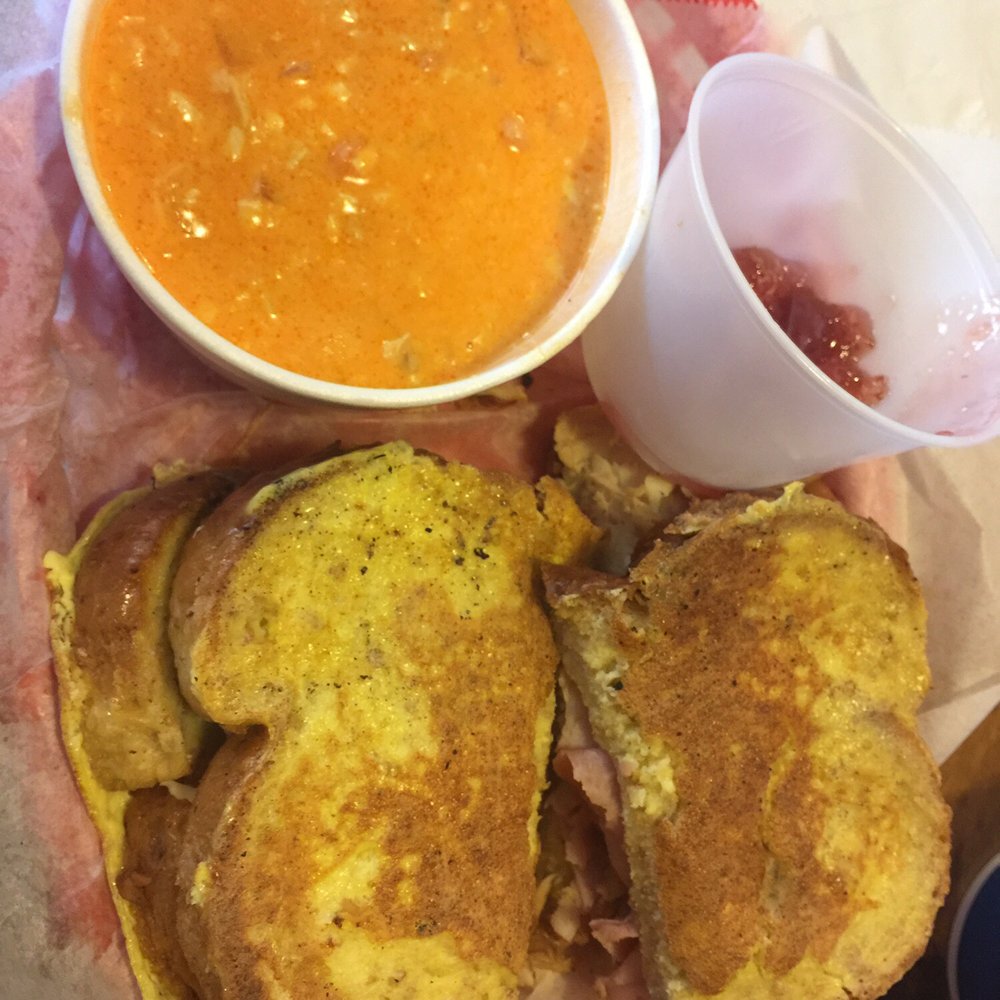 Village Corner Deli - Monte Cristo with strawberry jelly and a side of Buffalo chicken wing soup - Delis Near Me - Davenport, Iowa Village Corner Deli - Monte Cristo with strawberry jelly and a side of Buffalo chicken wing soup - Delis Near Me - Davenport, Iowa