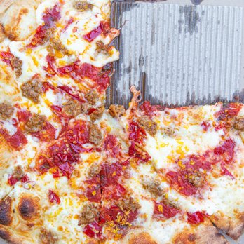 Pizzaleah - Old Grey Beard (Red sauce, mozzarella, fontina, Italian sausage, Calabrian peppers, hot honey & orange zest) - Pizza Near Me - Windsor, California Pizzaleah - Old Grey Beard (Red sauce, mozzarella, fontina, Italian sausage, Calabrian peppers, hot honey & orange zest) - Pizza Near Me - Windsor, California