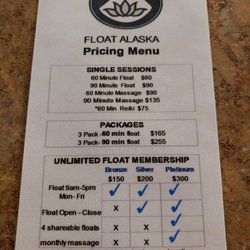 Float Alaska - Pricing menu
