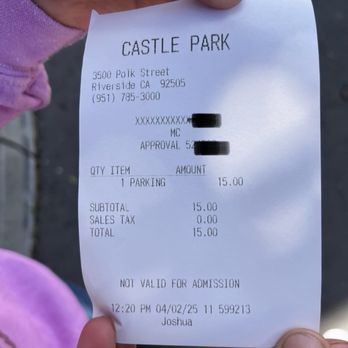 Castle Park - Receipt of the parking fee - Amusement Parks Near Me - Riverside, California