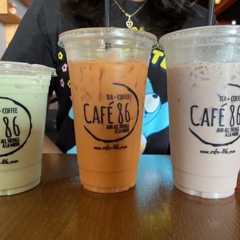 Cafe 86 - Left to right:  Matcha Blueberry Latte, Tiger milk Tea, Ube milk tea. - Desserts Near Me - San Diego, California
