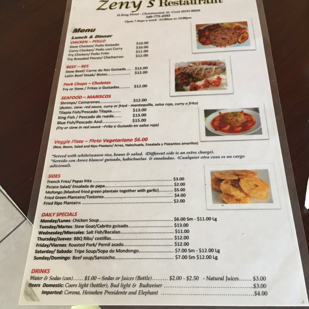 The menu at Zenys