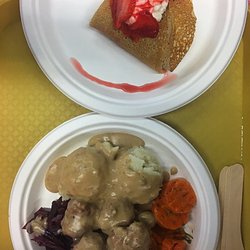 Scandinavian Cultural Centre - Scandinavian meatballs and vegetables. Lefse Scandinavian Crepe at the top.