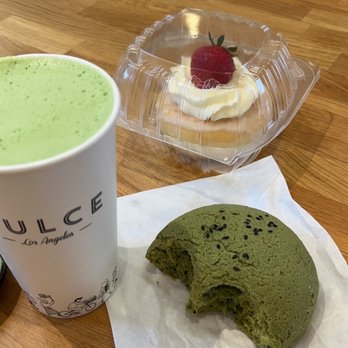 Cafe Dulce - Green tea roti bun ($3.25), strawberry vanilla cream donut ($3.5), large matcha latte ($6.25) - Cafes Near Me - Vernon, California Cafe Dulce - Green tea roti bun ($3.25), strawberry vanilla cream donut ($3.5), large matcha latte ($6.25) - Cafes Near Me - Vernon, California