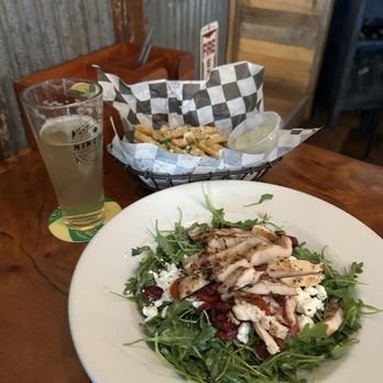 Rip Van Winkle Brewing Company - Arugula Salad with chicken, Tuscan fries, 9 Pin Cider - Pizza Near Me - Catskill, New York