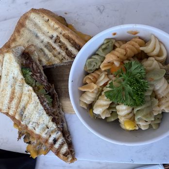 Blondie & Jim’s Bistro - Broccoli cheddar beef panini and pasta salad - Southern Near Me - Prospect, Kentucky Blondie & Jim’s Bistro - Broccoli cheddar beef panini and pasta salad - Southern Near Me - Prospect, Kentucky