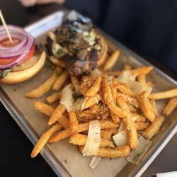 BLACK + BLUE chicken with truffle fries. Yummy