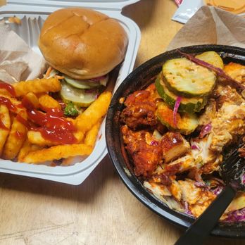 Cosmic Roosters - Slider and fries . Kale rooz on right- really more  like coleslaw chicken salad because there's barely any kale .... - Sandwiches Near Me - Rancho Cordova, California