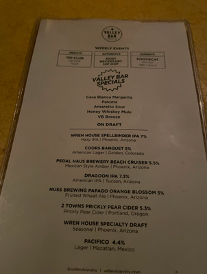 Menu photo 1 Valley Bar Phoenix, AZ