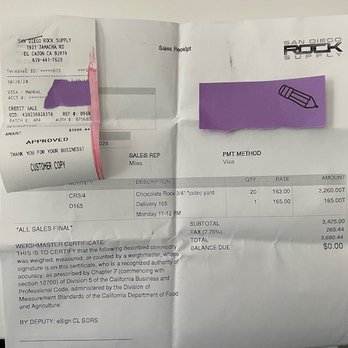San Diego Rock Supply - receipt - Building Supplies Near Me - El Cajon, California San Diego Rock Supply - receipt - Building Supplies Near Me - El Cajon, California