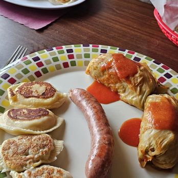 Patti's Pierogis - Big Joshua platter (2 cheese-potato pierogi, 2 kraut pierogi, kielbasa and 2 golabki) - American Near Me - Fall River, Massachusetts