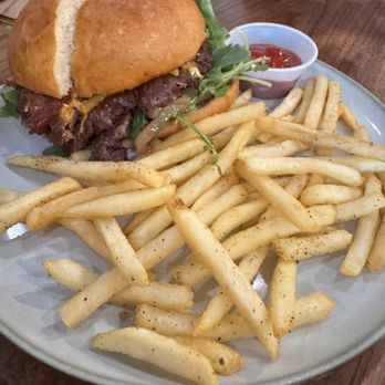 Morning Fog Coffee & Eats - Hiker Burger with fries - Coffee & Tea Near Me - Andrews, North Carolina Morning Fog Coffee & Eats - Hiker Burger with fries - Coffee & Tea Near Me - Andrews, North Carolina