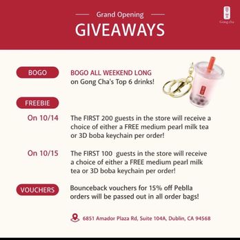 Gong Cha Dublin - The first 200 guest WILL RECEIVE EITHER FREE PEARL MILK TEA OR BOBA KEYCHAIN PER ORDER. AGAIN PER ORDER. - Bubble Tea Near Me - Dublin, California Gong Cha Dublin - The first 200 guest WILL RECEIVE EITHER FREE PEARL MILK TEA OR BOBA KEYCHAIN PER ORDER. AGAIN PER ORDER. - Bubble Tea Near Me - Dublin, California