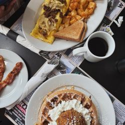 Expresso Cafe - Waffle with Fried Ice Cream, omelet with Side Home Fries, Bacon, coffee