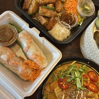 Vietopia - Chicken M2. Coconut Curry, FV3. Flame Wok Tofu Vermicelli Bowl, A1. Two Piece Soft Spring Rolls - Vietnamese Near Me - Houston, Texas