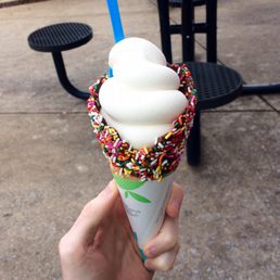 Sprinkle waffle cone with cheesecake frozen yogurt Sprinkle waffle cone with cheesecake frozen yogurt
