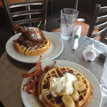The Continental Westhampton - Banana foster Belgian waffle and chicken and waffle. All delicious! - New American Near Me - Richmond, Virginia The Continental Westhampton - Banana foster Belgian waffle and chicken and waffle. All delicious! - New American Near Me - Richmond, Virginia
