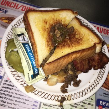 Waffle House - That Tx Bacon Cheesesteak Melt with mushrooms and pepper (pictured) or with a egg - Breakfast & Brunch Near Me - Jacksonville, Florida Waffle House - That Tx Bacon Cheesesteak Melt with mushrooms and pepper (pictured) or with a egg - Breakfast & Brunch Near Me - Jacksonville, Florida