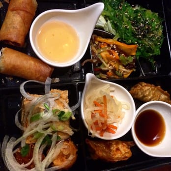 Issei Noodle Lancaster - Issei Bento Box: fried gyoza, fried shrimp dumplings, Vietnamese fried egg-rolls, fried tofu, seaweed and calamari salads. - Ramen Near Me - Lancaster, Pennsylvania Issei Noodle Lancaster - Issei Bento Box: fried gyoza, fried shrimp dumplings, Vietnamese fried egg-rolls, fried tofu, seaweed and calamari salads. - Ramen Near Me - Lancaster, Pennsylvania