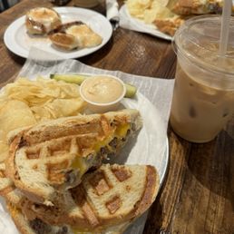 Waffled grilled cheese with Rian's beef and Suzie iced coffee Waffled grilled cheese with Rian's beef and Suzie iced coffee