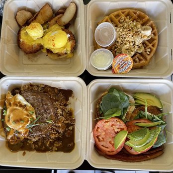 Kihei Caffe - Top left: crab cakes Benedict, top right: waffles with banana & mac nut, bottom left: loco moco with fried rice, bottom right: BST bagel - Hawaiian Near Me - Kihei, Hawaii Kihei Caffe - Top left: crab cakes Benedict, top right: waffles with banana & mac nut, bottom left: loco moco with fried rice, bottom right: BST bagel - Hawaiian Near Me - Kihei, Hawaii