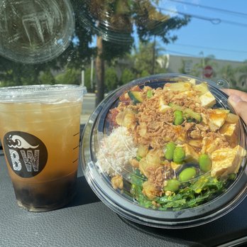 Bluewater Poke - 2 scoop bowl and Rose green tea - Poke Near Me - Redlands, California