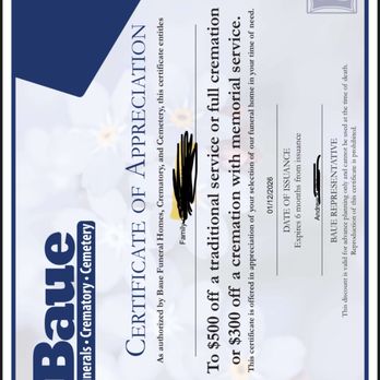Baue Funeral Home Cave Springs - A coupon for someone to pass away. - Funeral Services & Cemeteries Near Me - St Charles, Missouri Baue Funeral Home Cave Springs - A coupon for someone to pass away. - Funeral Services & Cemeteries Near Me - St Charles, Missouri