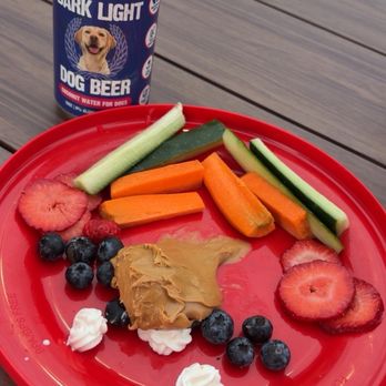 Dougie’s Dog Bar - doggy charcuterie board on a frisbee with dog beer (coconut water) - American Near Me - Orlando, Florida