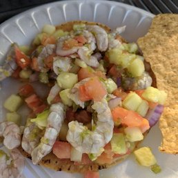 Tostada de camaron. Tip if you aren't good with spicy stuff mention it so they don't add the green sauce on top. Tostada de camaron. Tip if you aren't good with spicy stuff mention it so they don't add the green sauce on top.