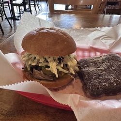 Pulled pork sandwich Elvis style and a brownie.