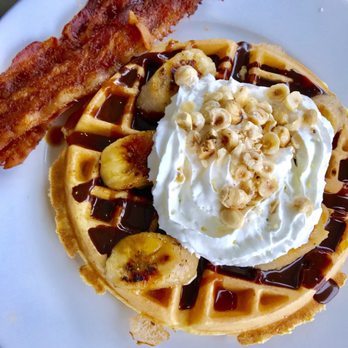 Café Modern - Chocolate caramel banana waffle, best to ask for the chocolate sauce on the side so the waffle stays nice n crispy - Breakfast & Brunch Near Me - Fort Worth, Texas