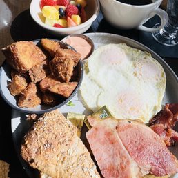 Farmers Plate + fresh cut fruit (side) + black coffee