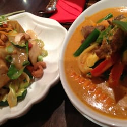 Red Galanga - Yum. Peanut sauce wok with tofu and red curry with lamb.