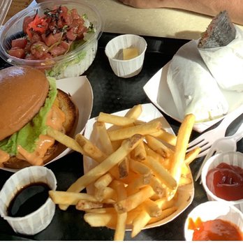Kenji Burger - Poke bowl softshell crab burrito fries and a burger 2 drinks under $38.00. - Burgers Near Me - Kapaa, Hawaii