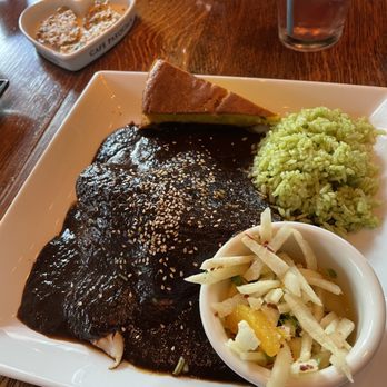 Cafe Pasqual's - Chicken Mole with Rice, Cornbread and Jicama Slaw - Vegetarian Near Me - Santa Fe, New Mexico