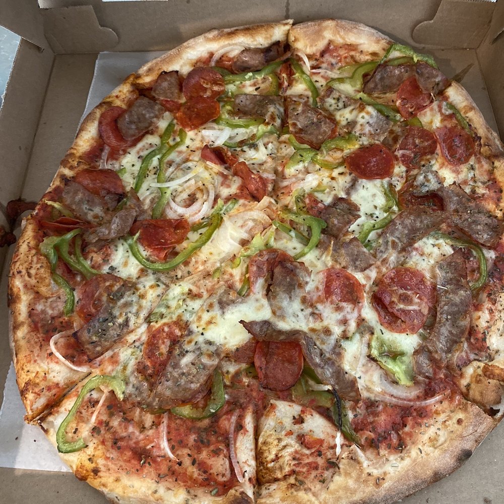 large sausage, pepperoni, onions and peppers large sausage, pepperoni, onions and peppers