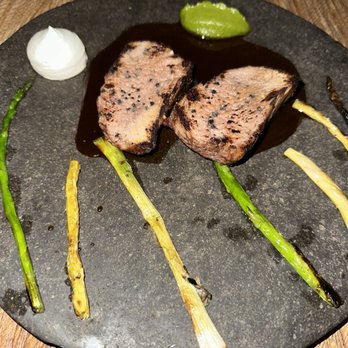 Meteora - Pasture-Raised Beef Ribeye summer stalks, sesame cream, tamarind - New American Near Me - Los Angeles, California Meteora - Pasture-Raised Beef Ribeye summer stalks, sesame cream, tamarind - New American Near Me - Los Angeles, California