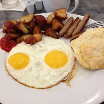 Peach Valley Cafè - Two eggs any style: sunny side up eggs, potatoes, biscuit and side of turkey sausage. AMAZING!! Sausage is great, biscuit=heaven - Breakfast & Brunch Near Me - Gainesville, Florida Peach Valley Cafè - Two eggs any style: sunny side up eggs, potatoes, biscuit and side of turkey sausage. AMAZING!! Sausage is great, biscuit=heaven - Breakfast & Brunch Near Me - Gainesville, Florida