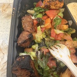 Overcooked burnt protein, and soggy salad Overcooked burnt protein, and soggy salad