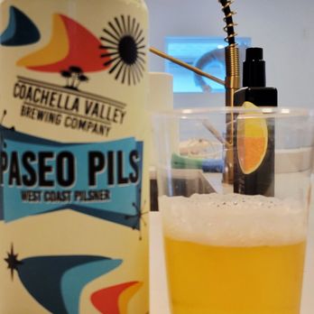 Coachella Valley Brewing - Paseo Pils West Coast Pilsner Beer 16floz Can Poured (06/07/26). @CoachellaValleyBrewing #PalmSprings #CraftBeerDotCom #Beer #Pilsner - Brewpubs Near Me - Palm Springs, California