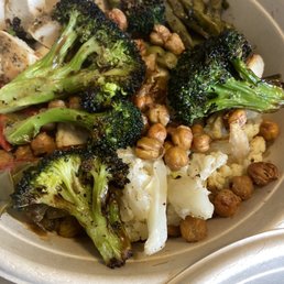 roasted broccoli cauliflower chick peas bowl