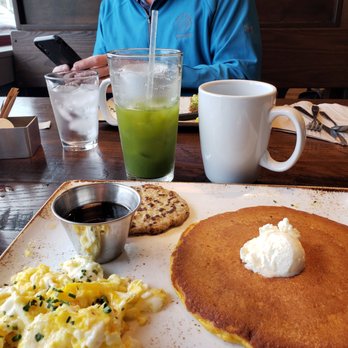 First Watch - Pumpkin pancake, chicken sausage, scrambled eggs...plus the kale tonic juice (next time I'm getting it with vodka!!). - Breakfast & Brunch Near Me - Canton, Ohio