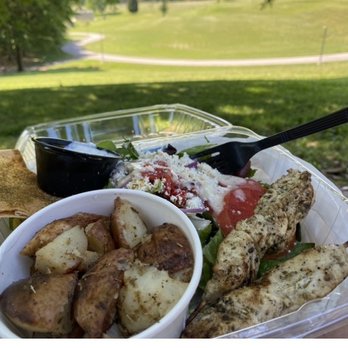 Taziki's Mediterranean Cafe - Chicken Kabobs with Greek Salad and Potatoes - Mediterranean Near Me - Knoxville, Tennessee Taziki's Mediterranean Cafe - Chicken Kabobs with Greek Salad and Potatoes - Mediterranean Near Me - Knoxville, Tennessee