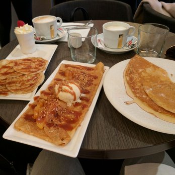 Framboise - Carmel crepes left, apple crepes center, butter and sugar crepes right. - Creperies Near Me - Paris, 75 Framboise - Carmel crepes left, apple crepes center, butter and sugar crepes right. - Creperies Near Me - Paris, 75